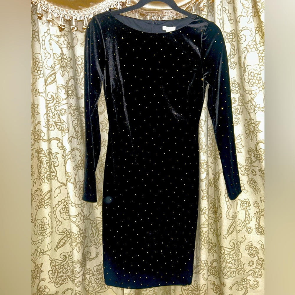 Caché Women’s XS Long Sleeve Black Dress w/ Gold Beading